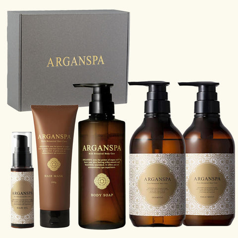 ARGANSPA（アルガンスパ） プレミアムセット ギフトBOX | シャンプー・トリートメント・ヘアマスク・ヘアオイル・ボディソープ